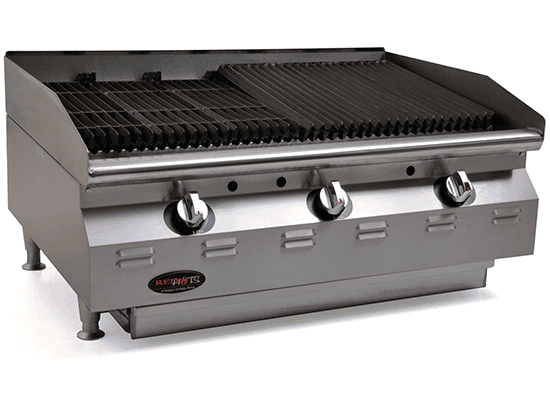 Countertop gas charbroiler with cast iron grates for a commercial cook line