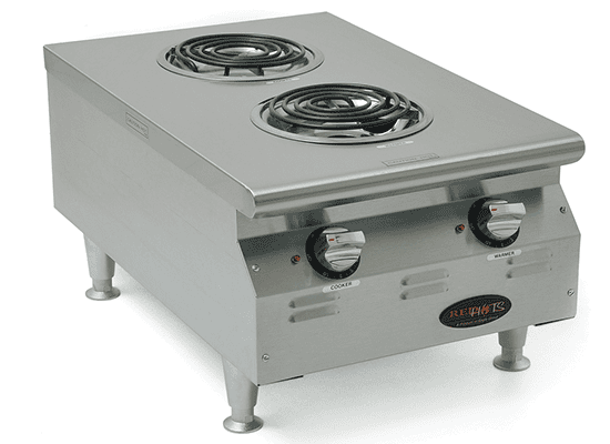 Countertop electric hot plate with swing-up elements and infinite controls