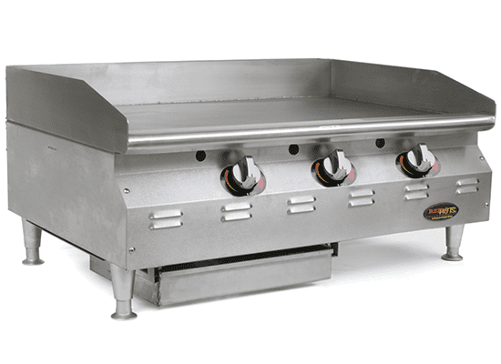 Countertop gas griddle with thick welded griddle plate and grease drawer