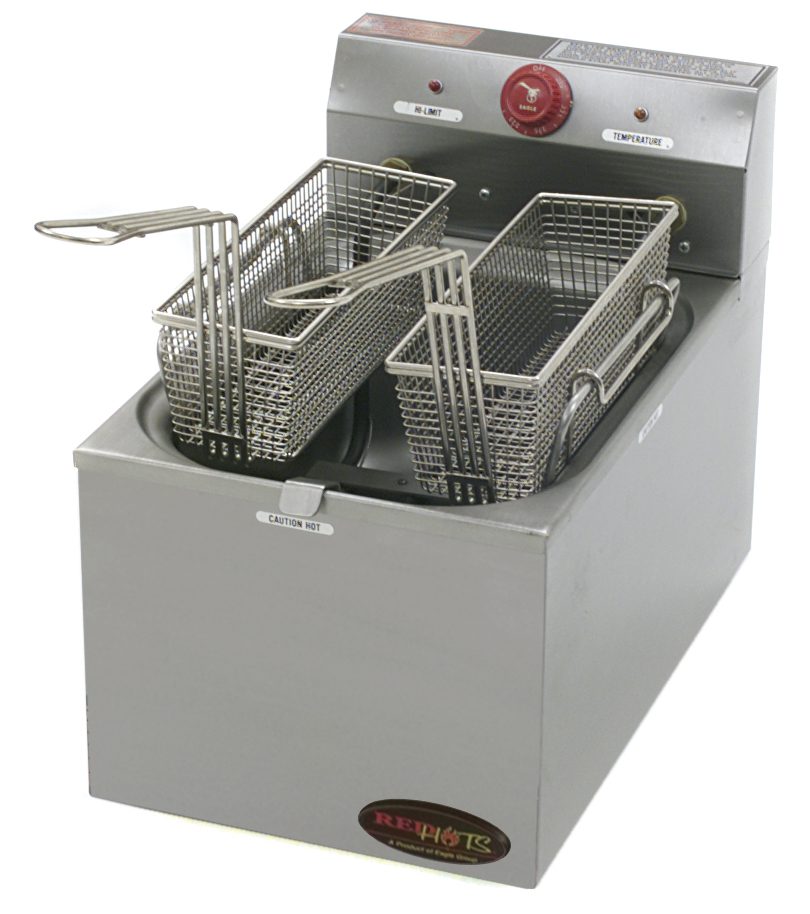 Countertop electric fryer with 15 pound fat capacity and nickel-plated baskets