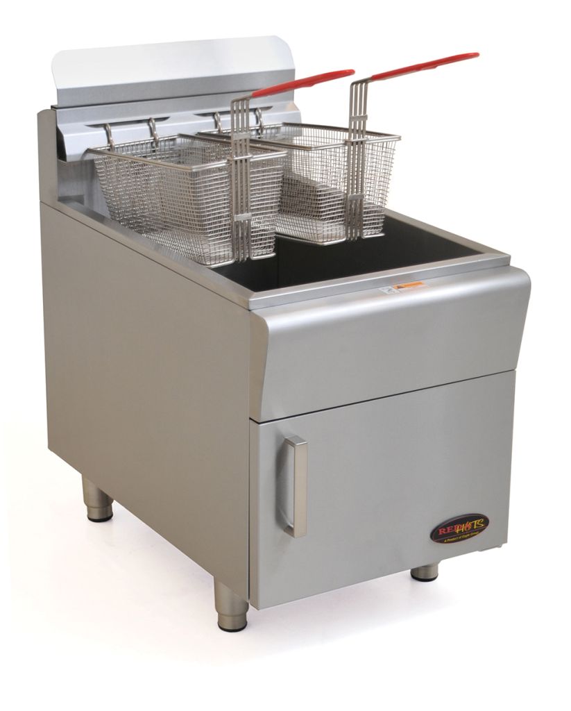 Countertop gas fryer with 30 pound fat capacity and thermostatic control
