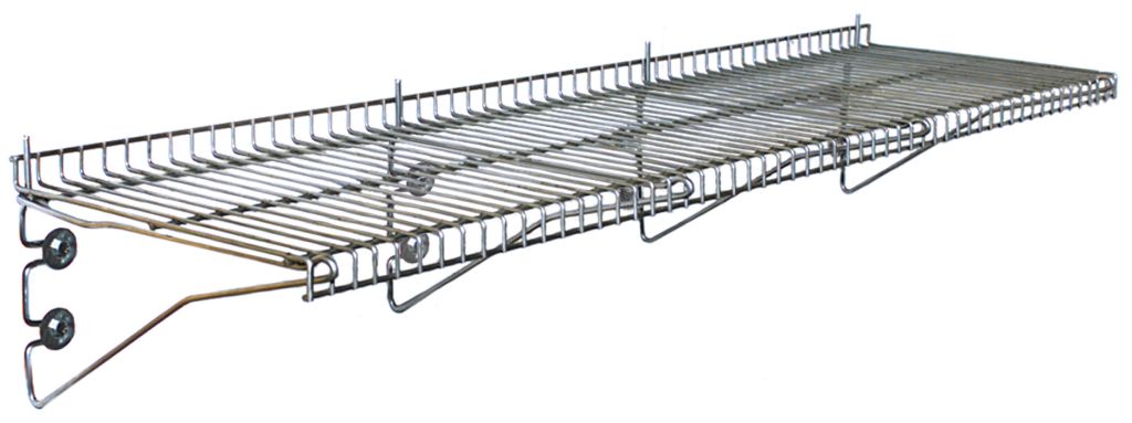 Snap-N-Slide wire wall shelf mounted above a kitchen prep station