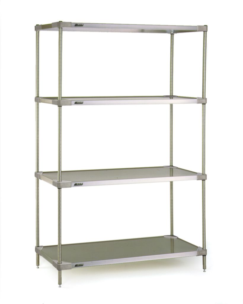 Solid shelving unit with marine edge shelves for kitchen storage