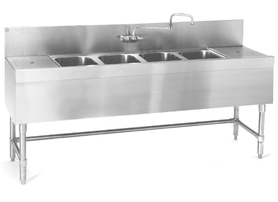 Spec-Bar four-compartment underbar sink with stainless legs and crossbracing