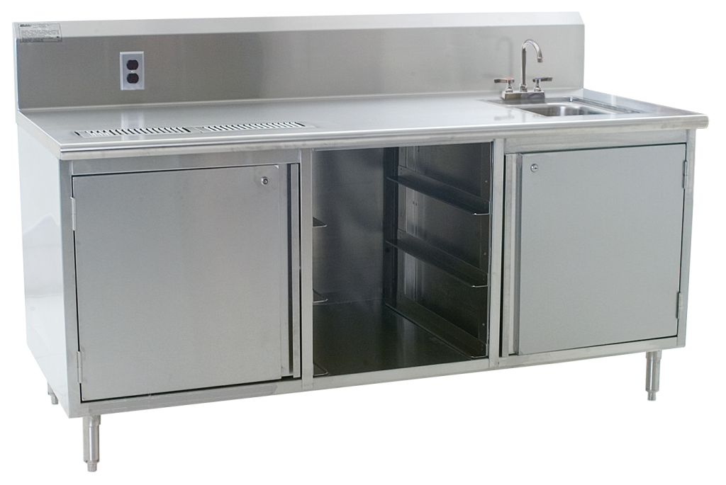 Spec-Master stainless steel beverage counter with urn trough and backsplash