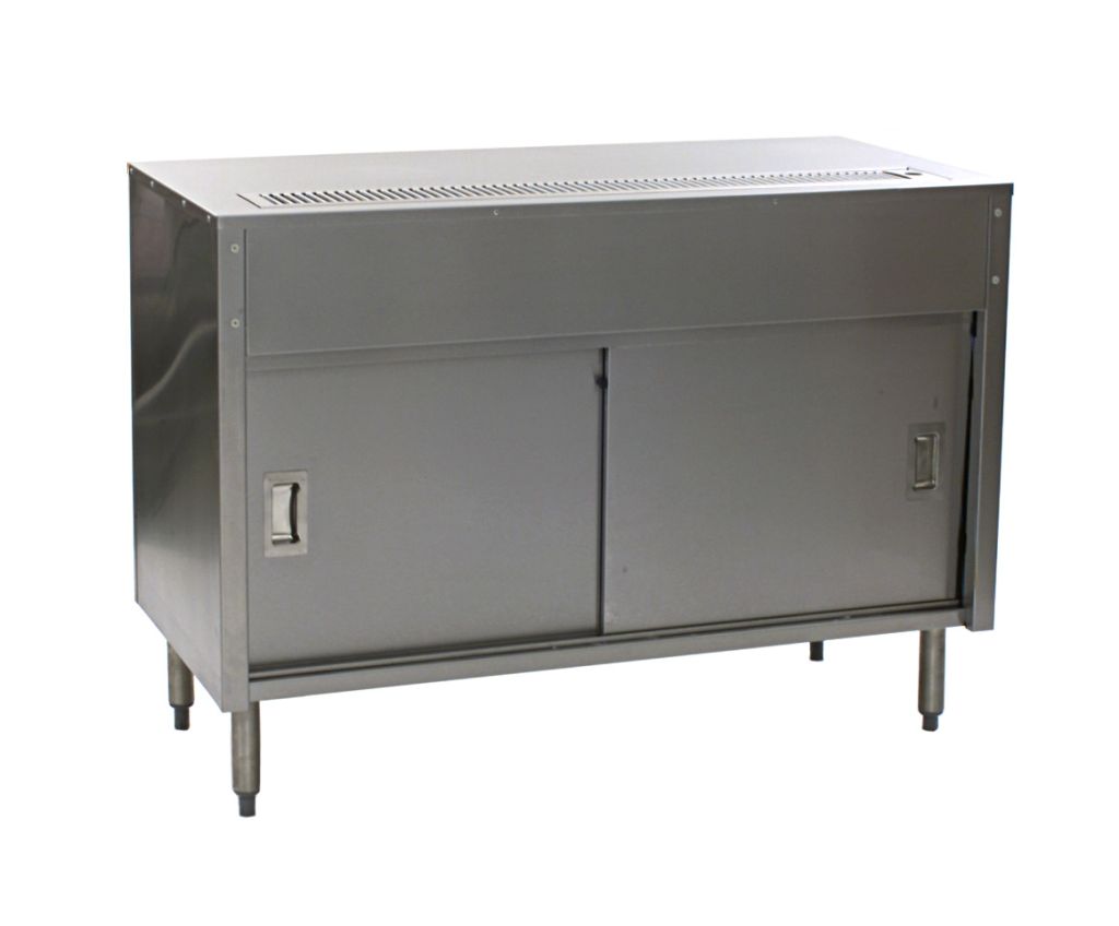 Enclosed base urn stand with sloped drain trough and louvered grate for coffee urns