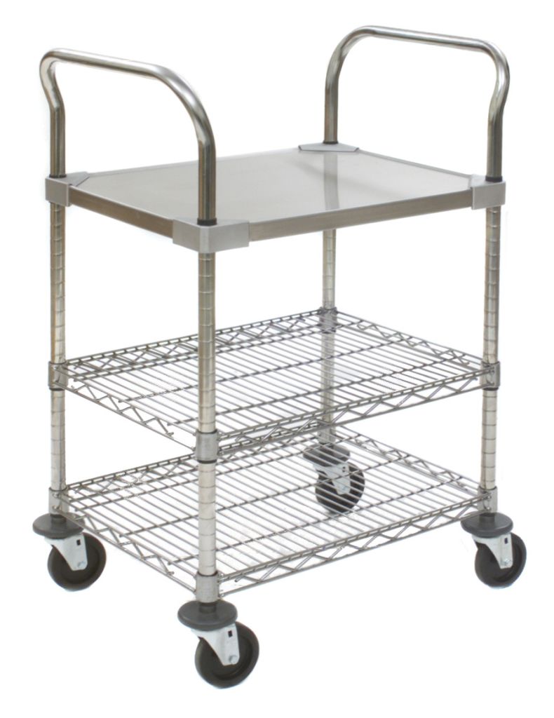 Wire utility cart with QuadTruss shelves for kitchen transport