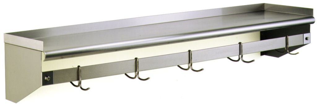Stainless wall shelf with double-prong removable utensil hooks