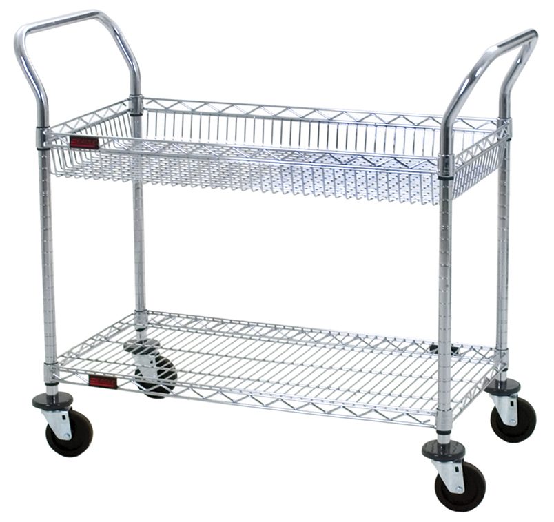 Chrome wire basket utility cart for light-duty kitchen transport