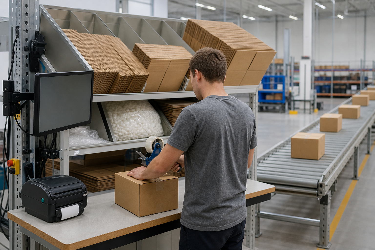 Packer sealing a right-sized carton at a packing station with a label printer and take-away conveyor