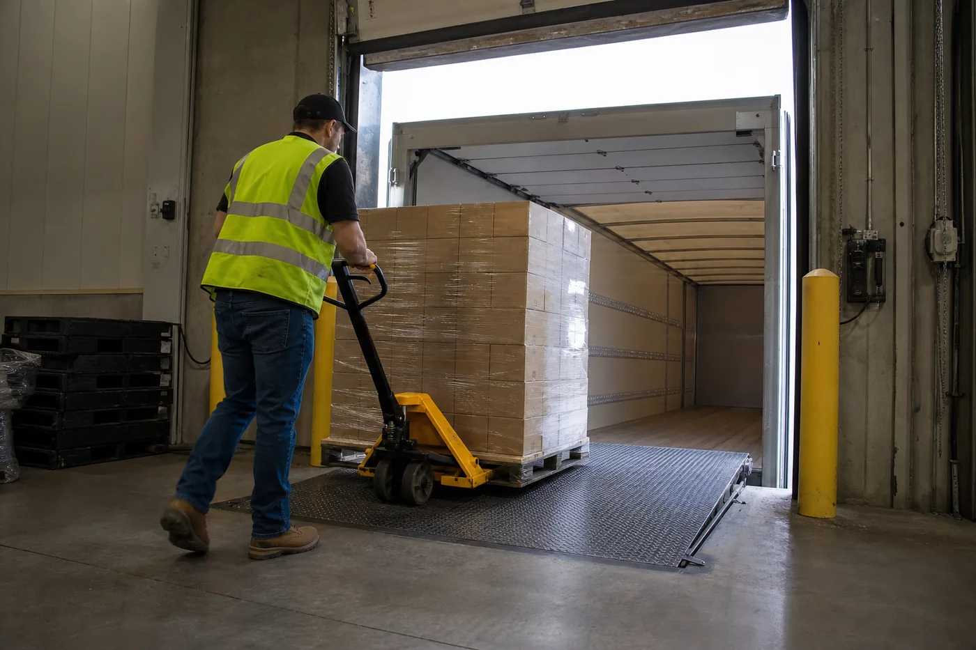 Worker moving a loaded pallet jack across an edge-of-dock leveler into a trailer