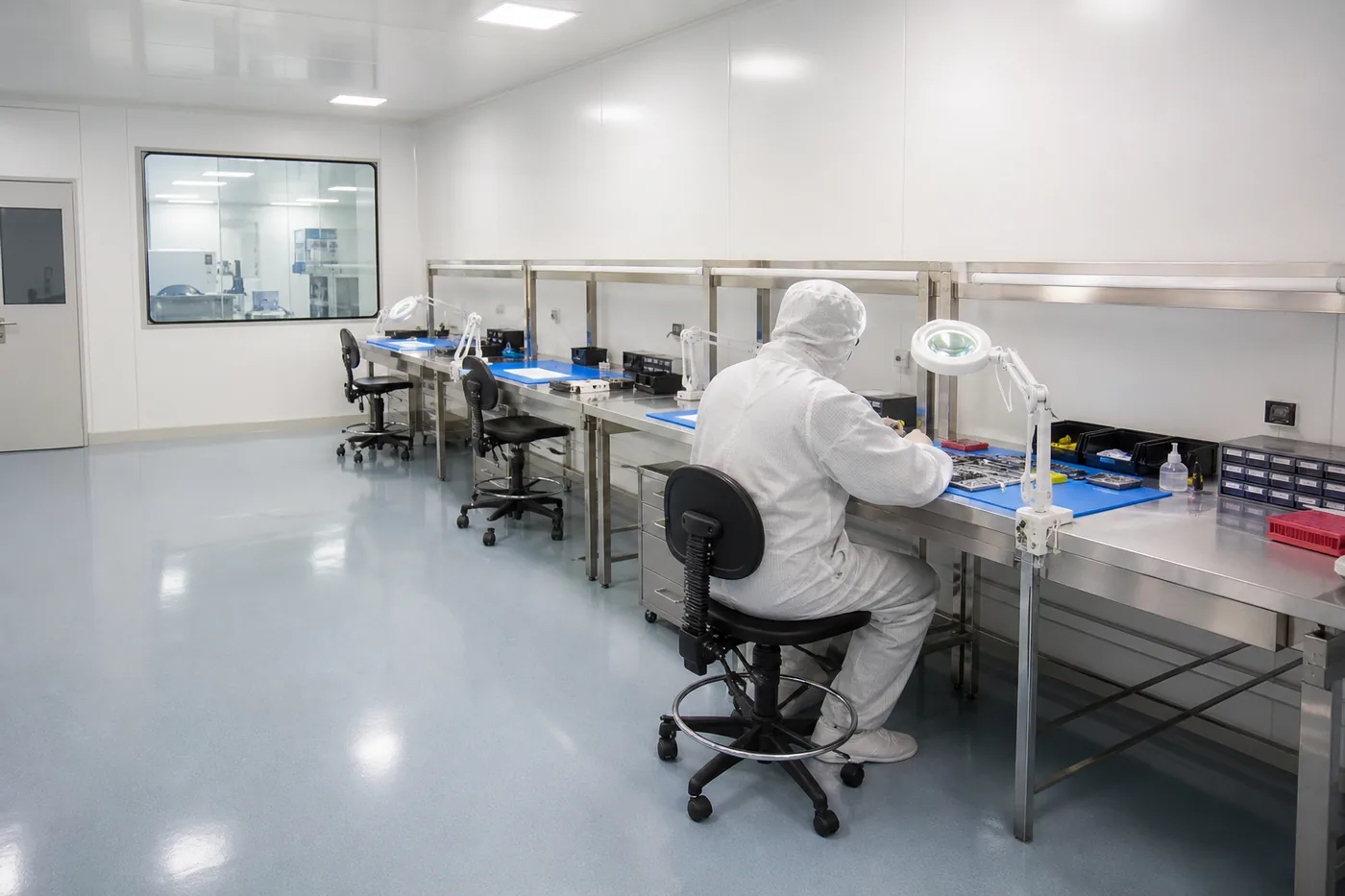 Technician in cleanroom coverall assembling electronics at stainless benches inside a modular cleanroom