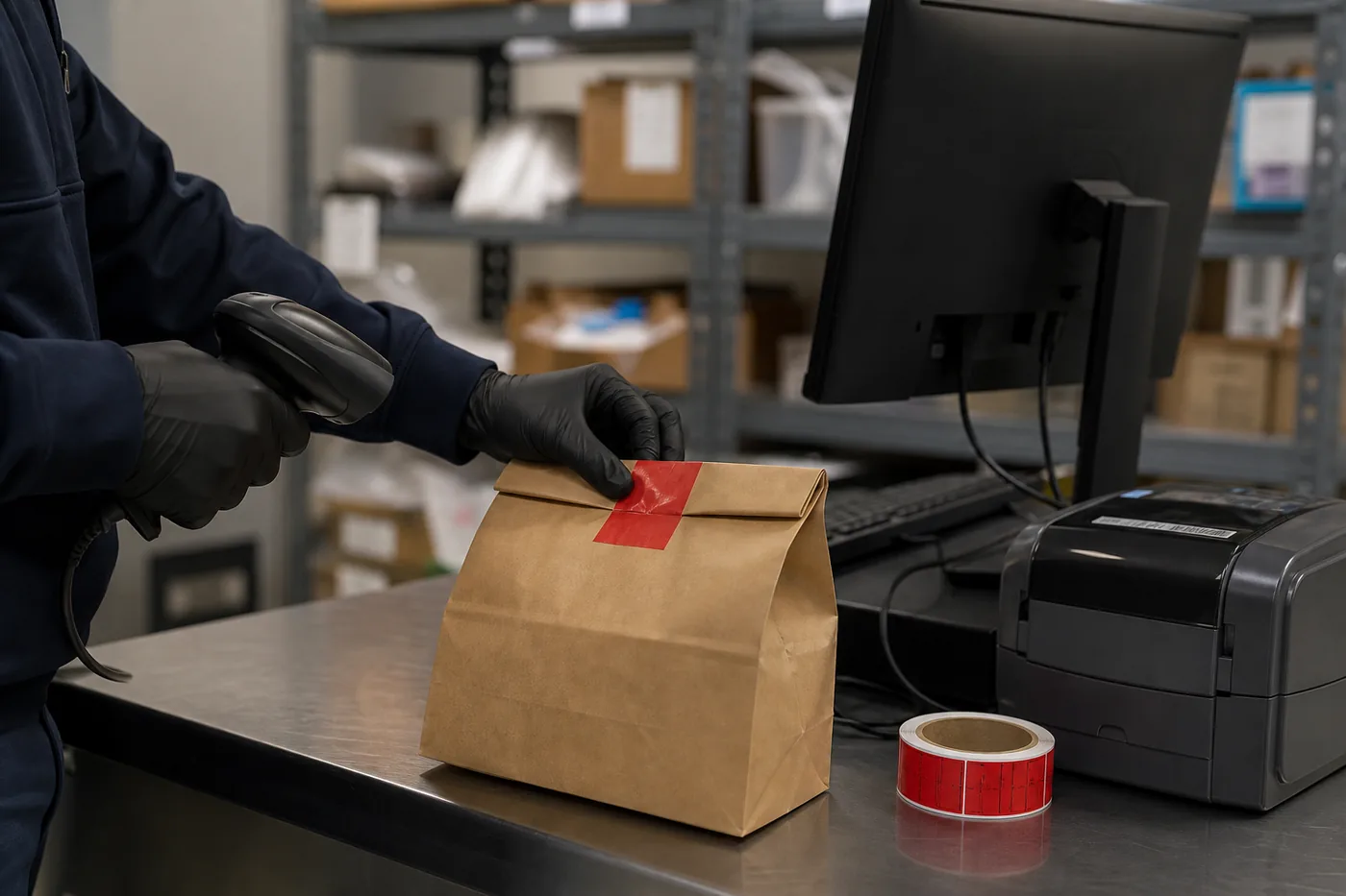 Evidence technician scanning a barcode on a sealed evidence bag at an intake counter