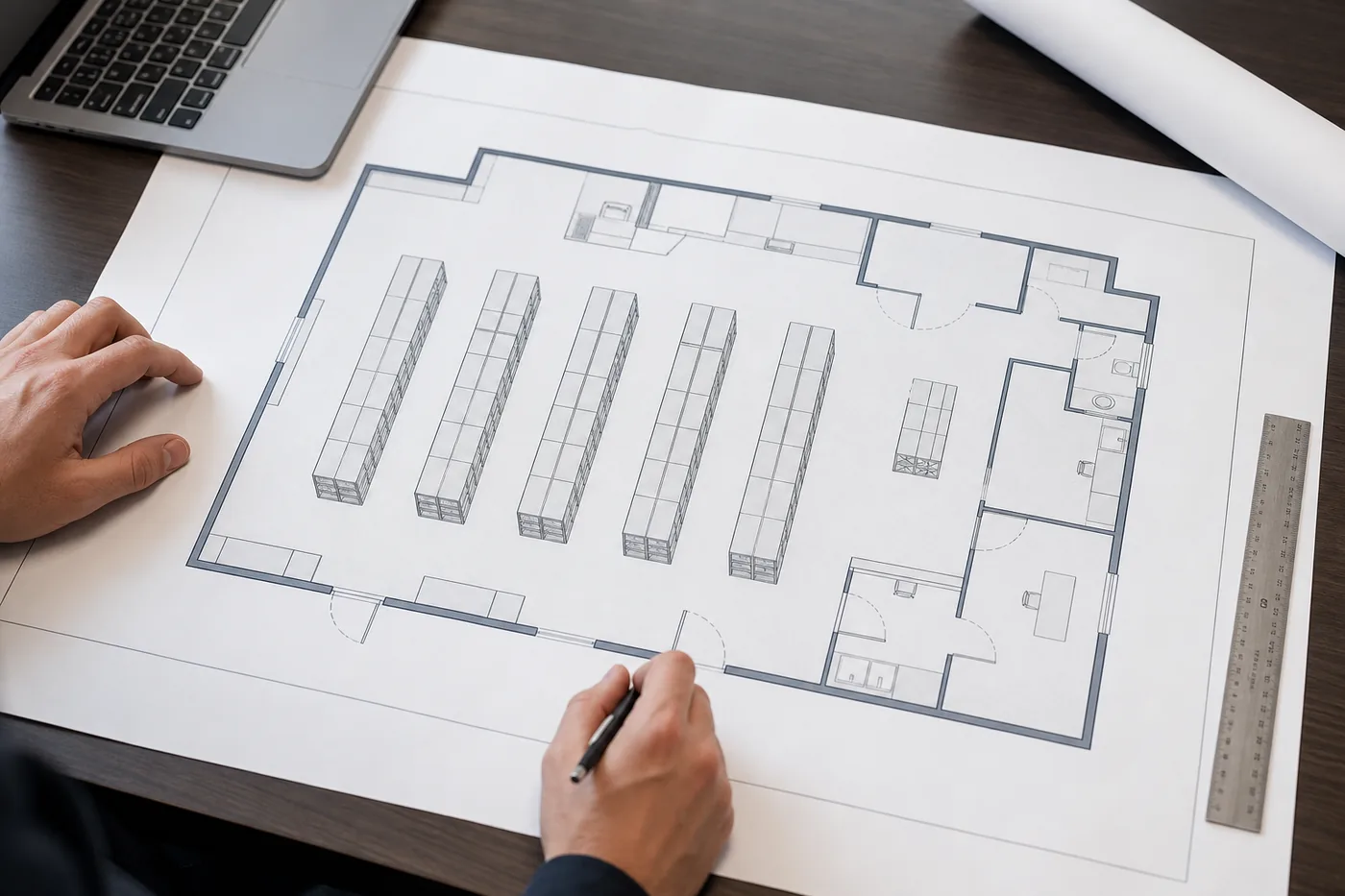Designer drawing a high-density storage layout for an evidence room on a floor plan
