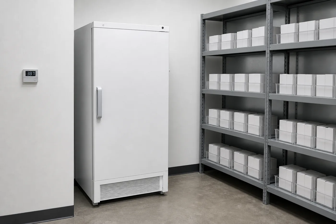 Refrigerated evidence storage unit beside shelving holding sexual assault kits in labeled boxes