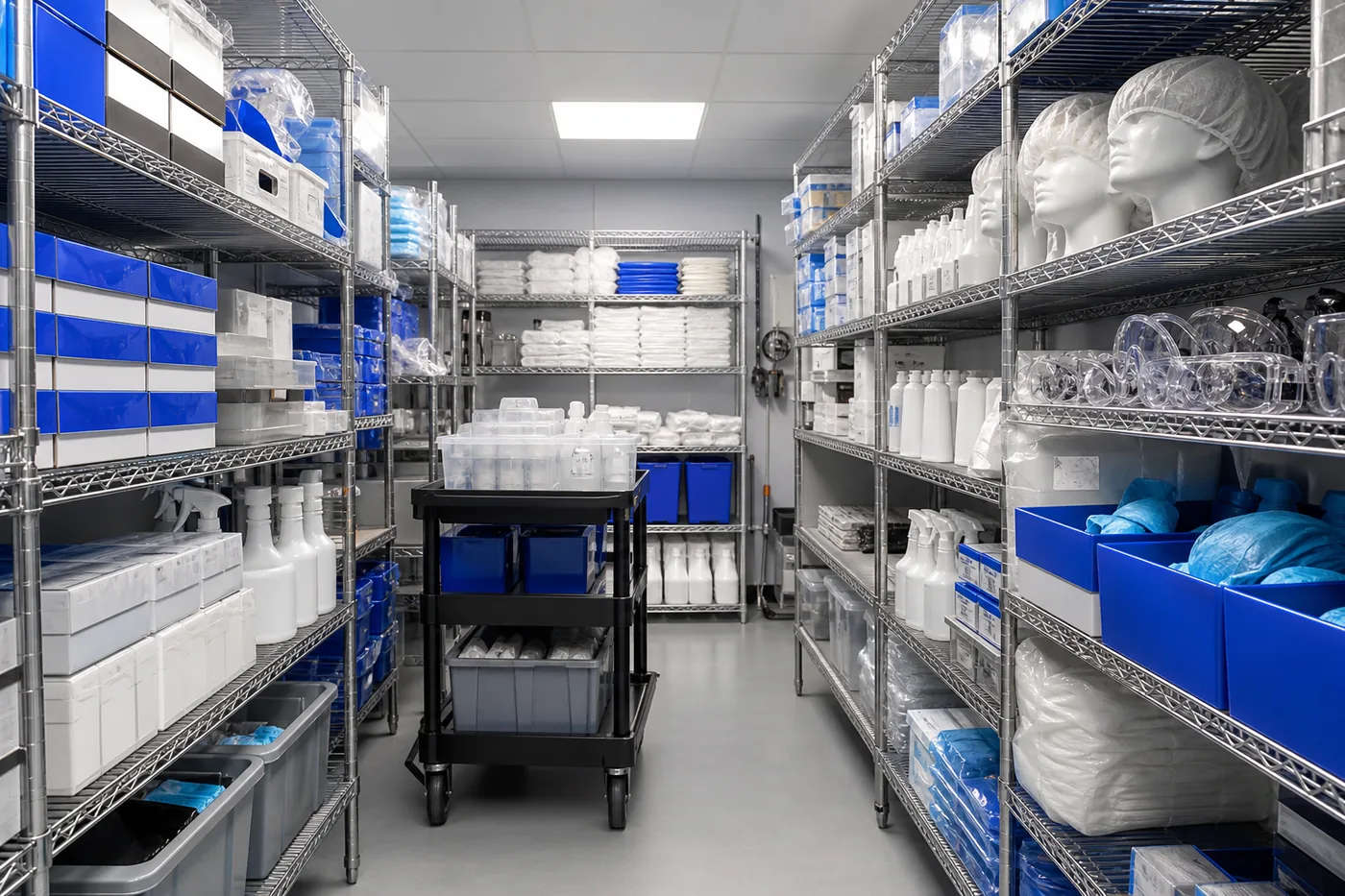 Organized food plant supply storeroom with wire shelving, PPE, and sanitation supplies