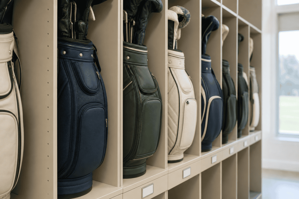 Golf bags standing upright between adjustable shelf dividers with blank number tags on the shelf edge