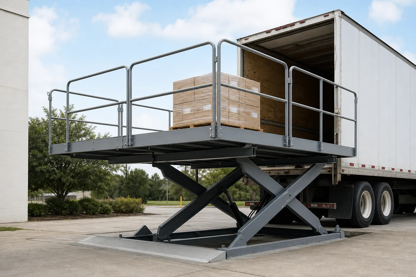 Scissor dock lift raised to trailer height lifting a pallet at a ground-level facility
