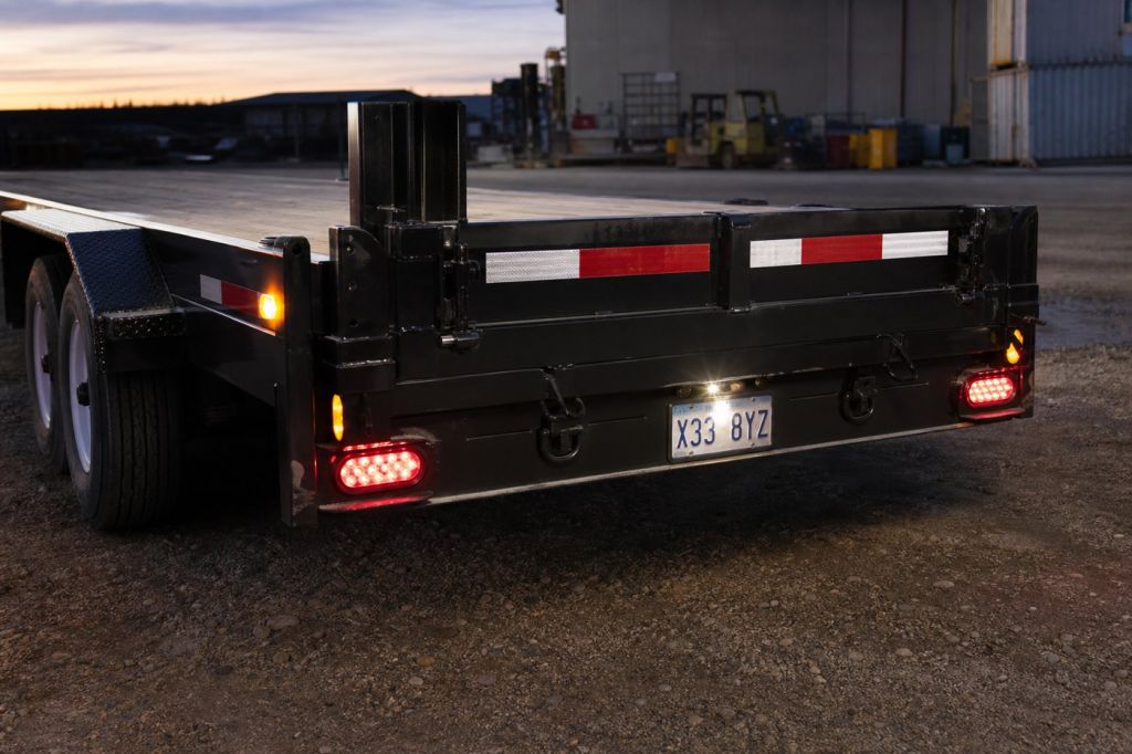 Rear lighting and reflective conspicuity tape on a guard booth trailer at dusk