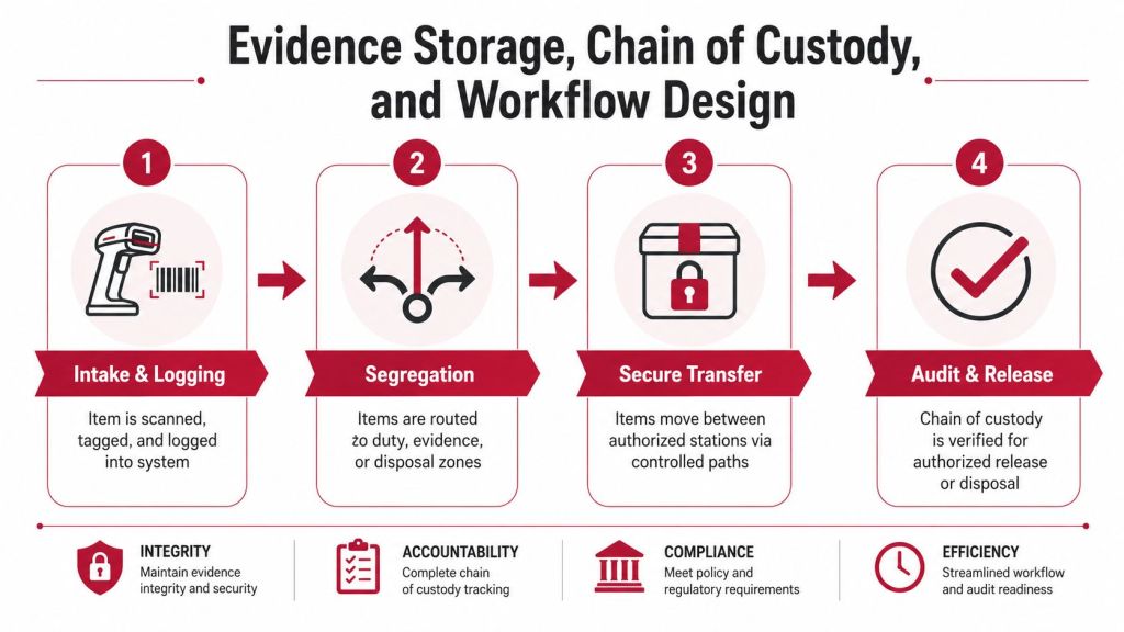 A flowchart showing the four-step workflow for evidence storage, chain of custody, and property management systems.