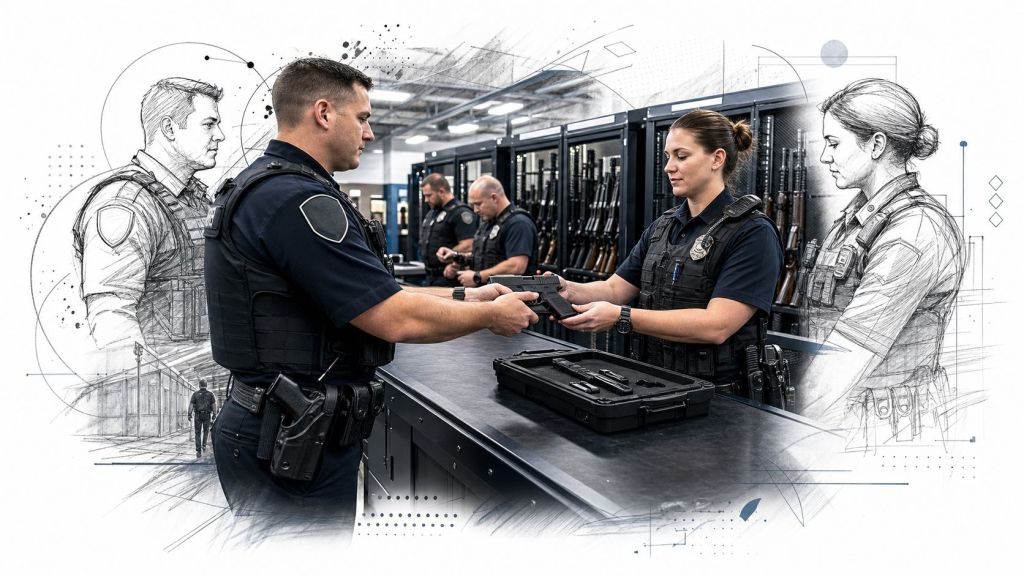 Law enforcement officers exchanging a handgun in a professional weapons storage and armory facility.