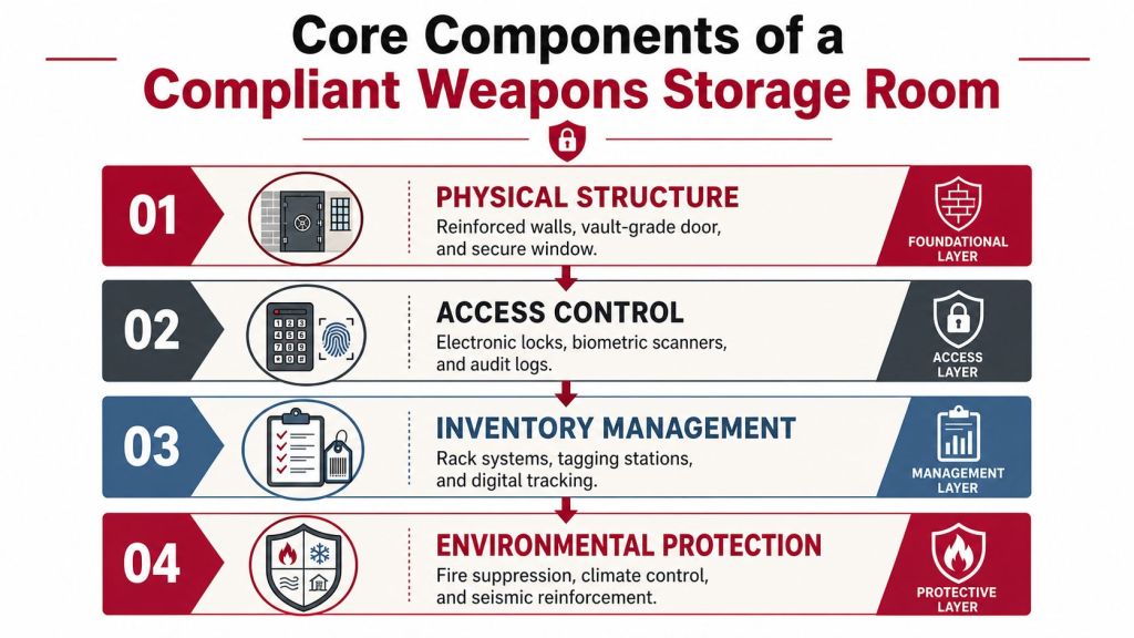 An infographic detailing the four core components of a compliant weapons storage room for law enforcement facilities.
