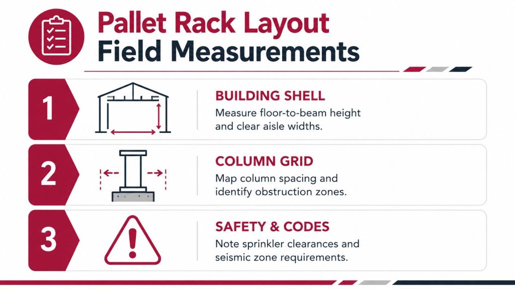 Field measurements being taken in a warehouse to verify a rack layout against the building