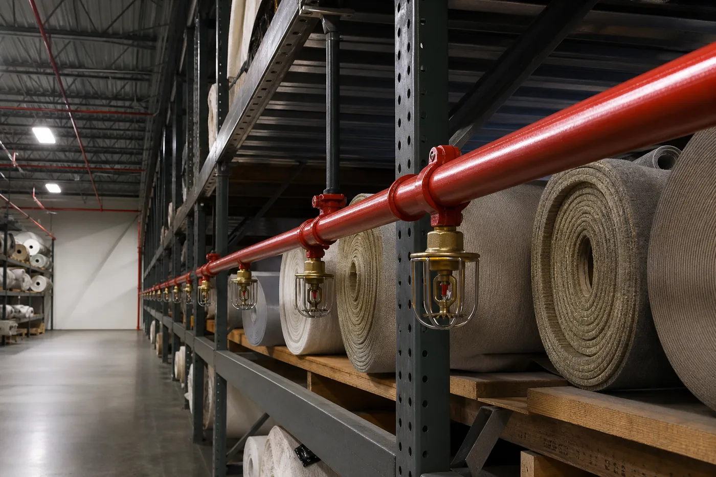 In-rack sprinkler pipe running along a level of a carpet storage rack loaded with rolls