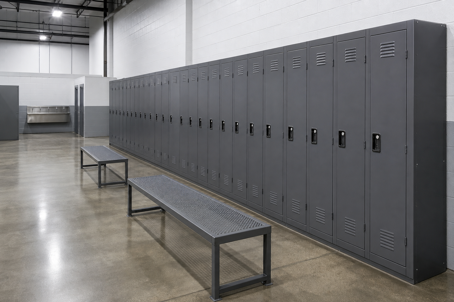 Bank of tall heavy gauge steel employee lockers with benches in a manufacturing plant changing area