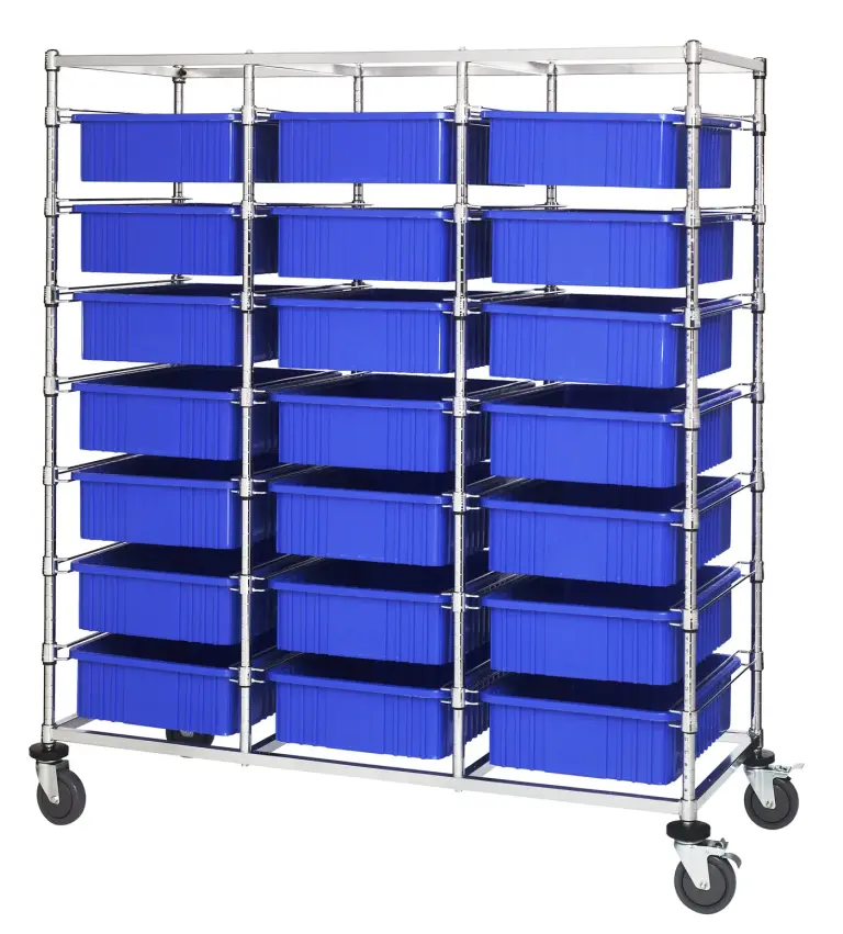 Chrome triple-bay utility bin cart loaded with blue dividable grid containers