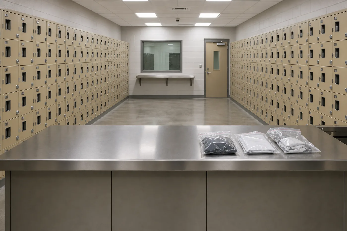 Correctional facility inmate property room with beige steel property locker banks and a stainless intake counter