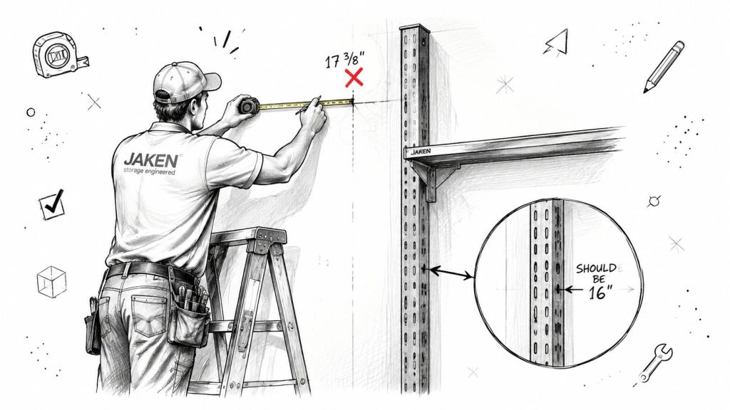 A construction worker measures the wall for Jaken shelving, showing the correct spacing distance.