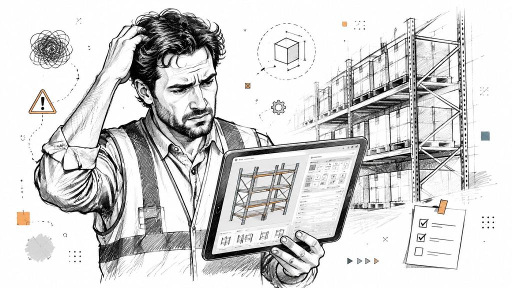 A warehouse worker looking confused while designing industrial storage racking systems on a digital tablet computer.
