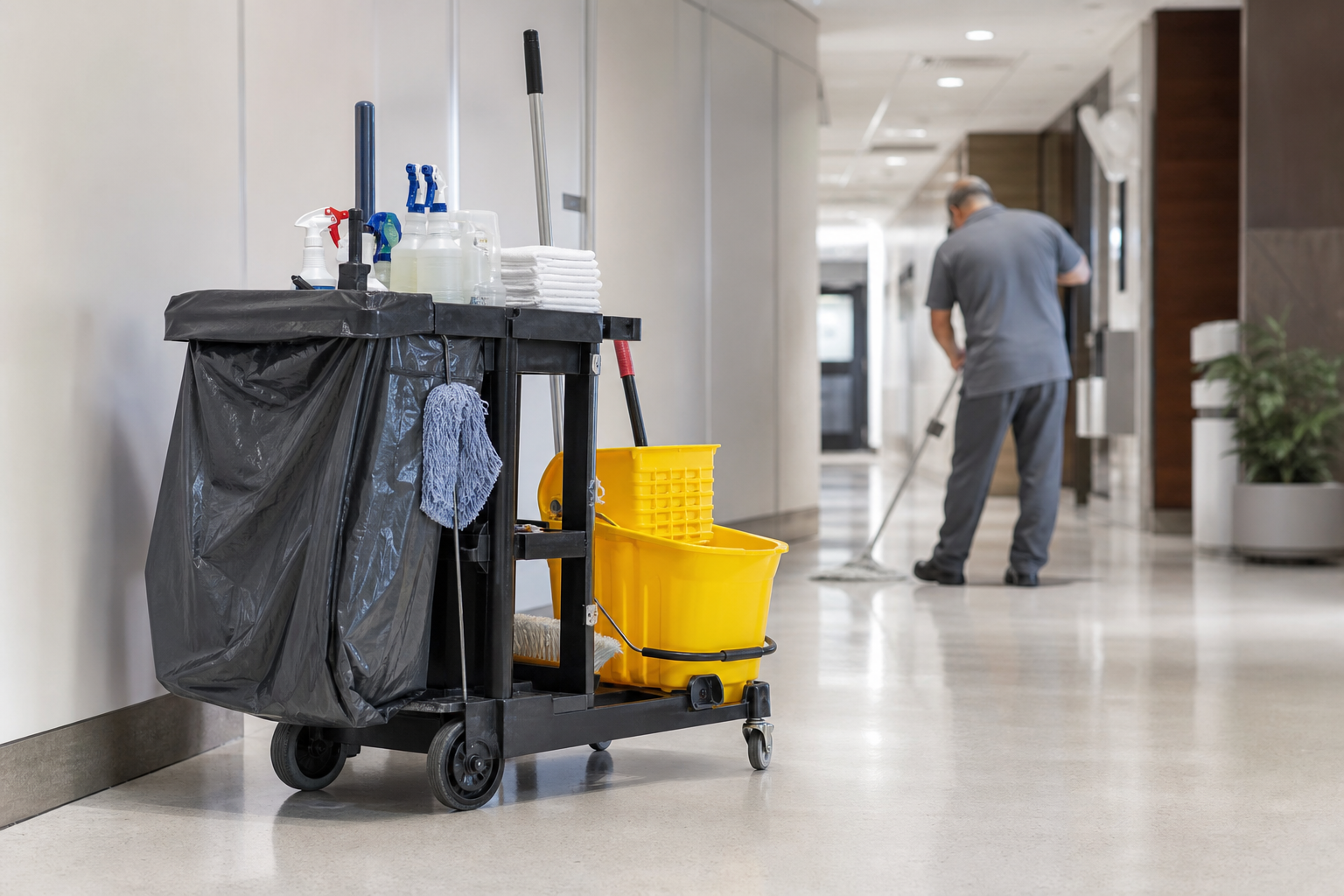 Commercial janitorial cleaning cart with mop bucket, liners and supplies staged in a facility corridor