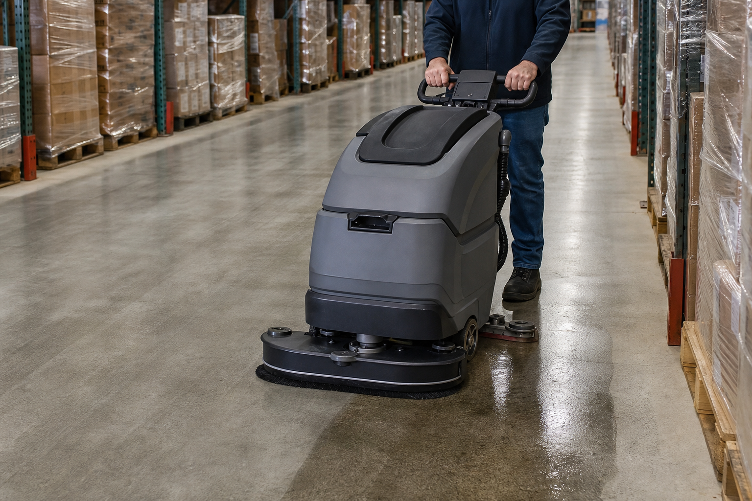 Walk-behind automatic floor scrubber cleaning a wide sealed concrete warehouse aisle