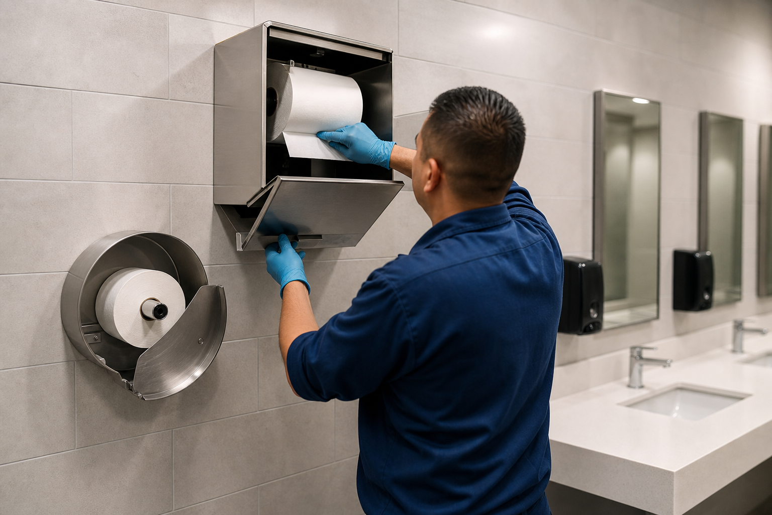Custodian restocking roll towel and tissue dispensers in a commercial restroom