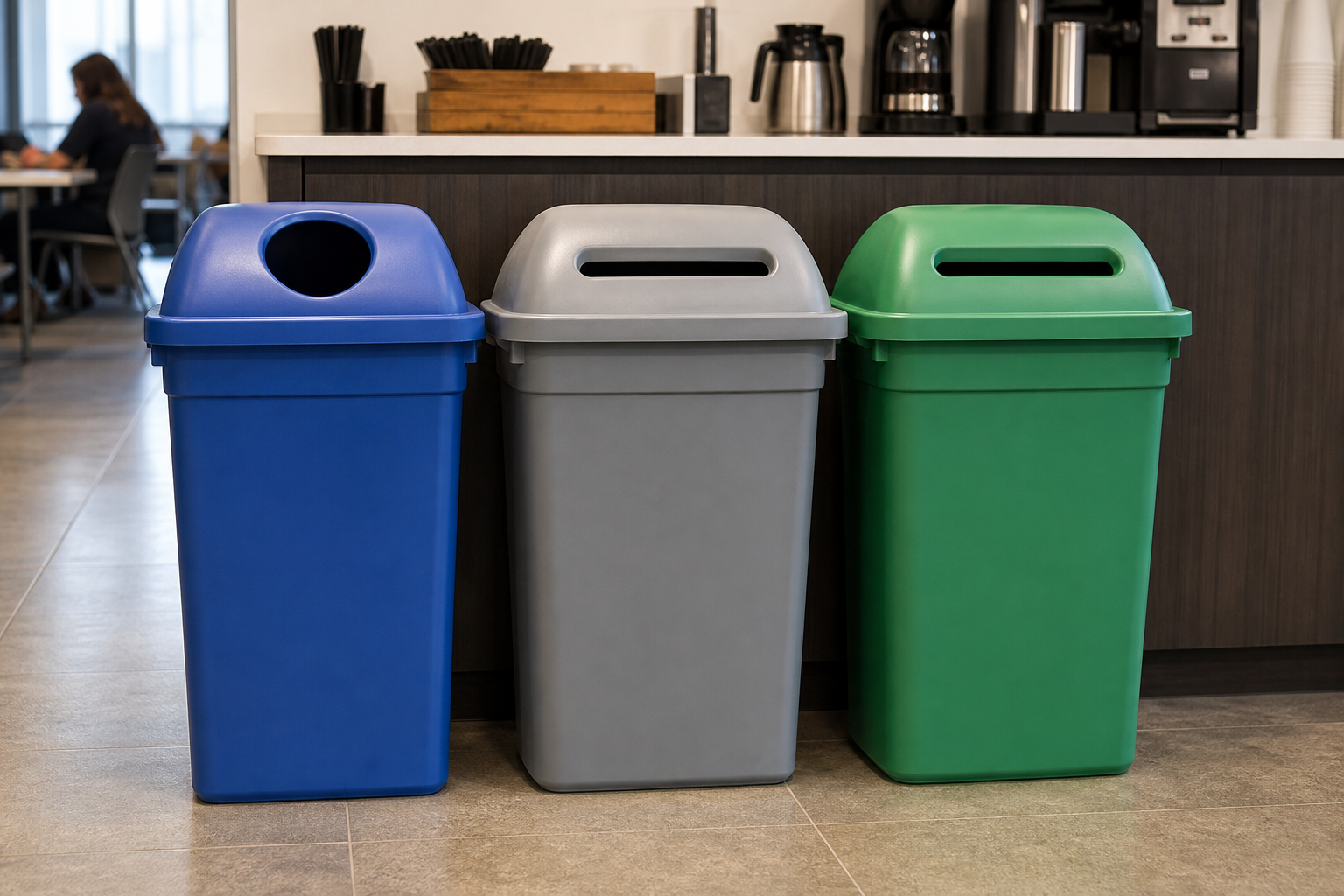Color-coded waste and recycling station with labeled containers in a commercial breakroom