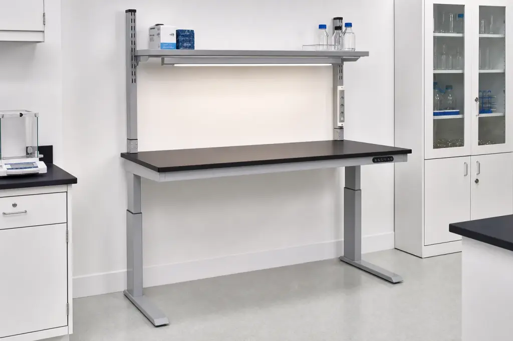 Lab bench designer render of an adjustable lab bench with an upper reagent shelf