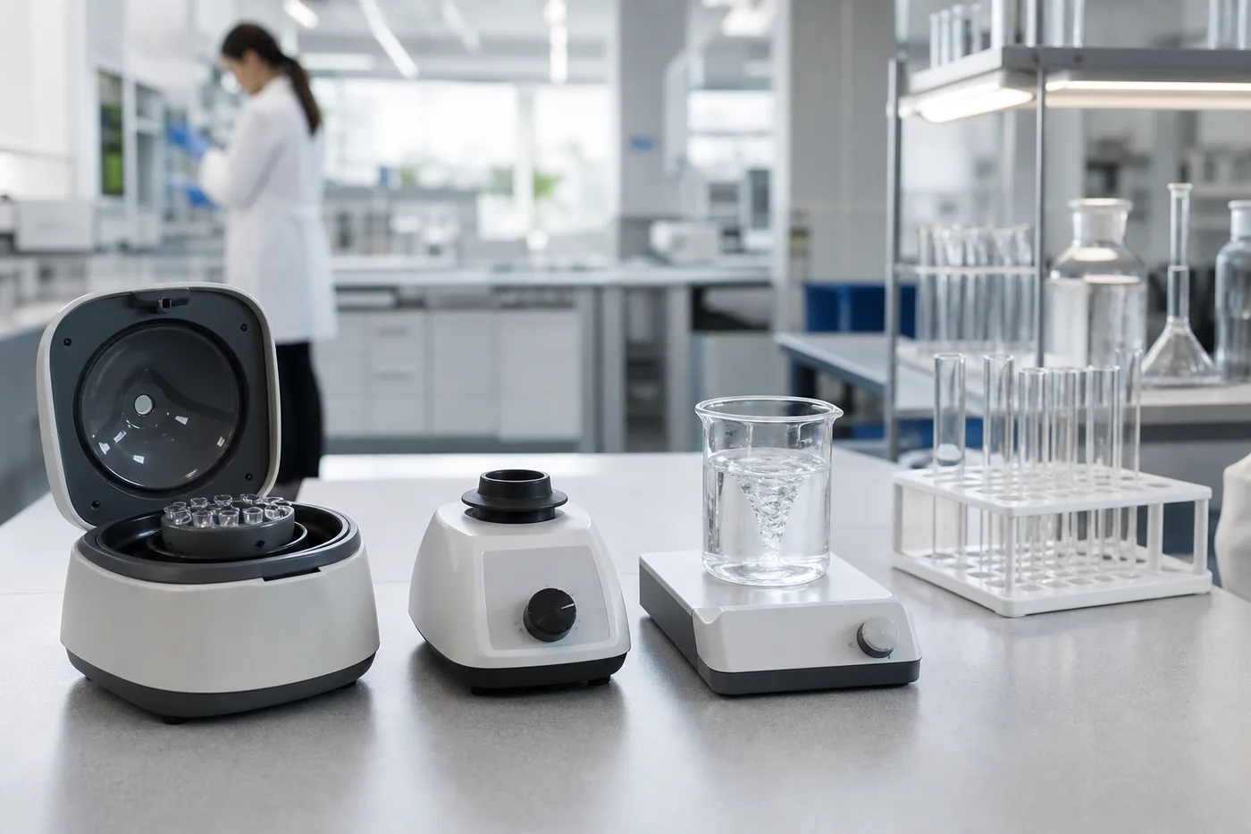 Modern laboratory bench with compact benchtop instruments and glassware