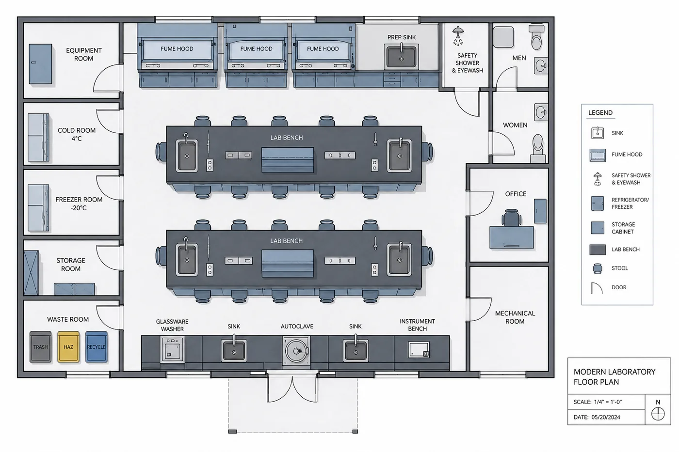 Lab Layout Designer showing a floor plan with benches, rooms and equipment