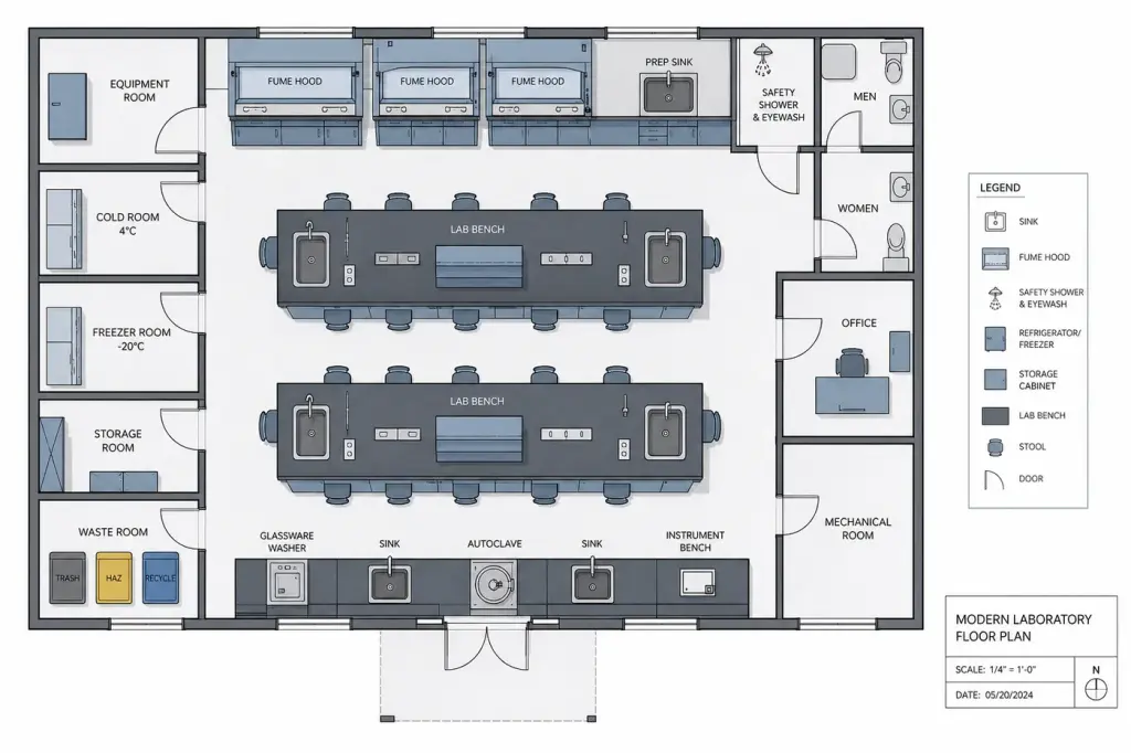 Lab layout designer floor plan showing benches, fume hoods and casework runs