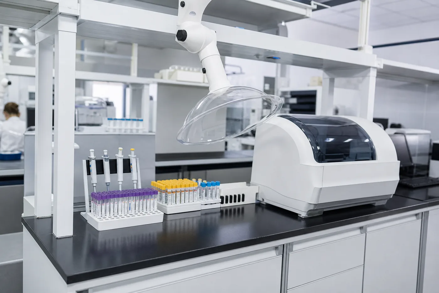 Snorkel extraction arm mounted above a clinical laboratory bench with pipettes and specimen racks