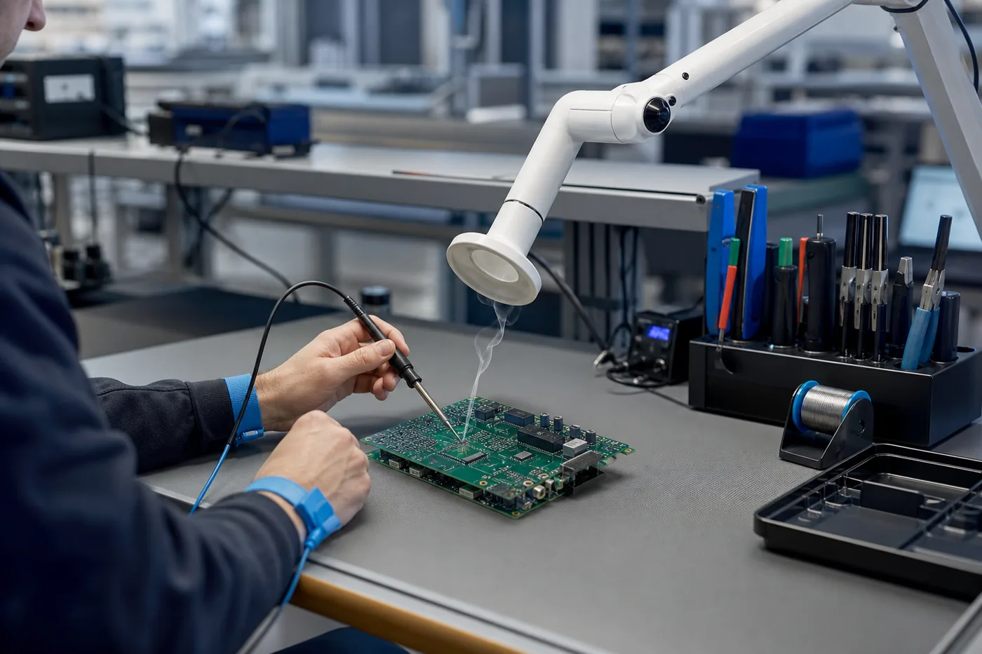 Extraction arm capturing solder fume above an ESD electronics workbench with circuit boards