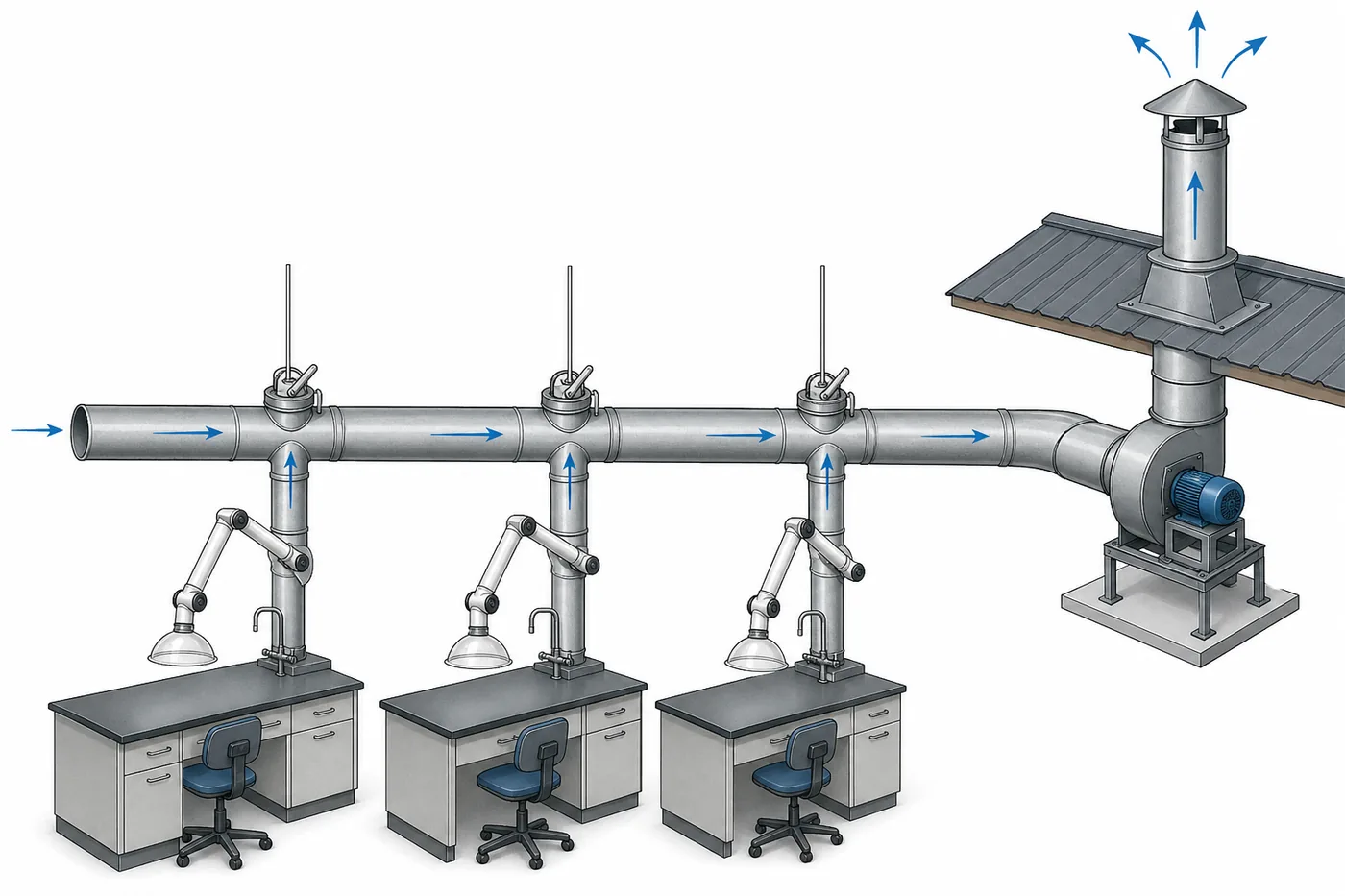 Diagram of a lab extraction system: snorkel arms, branch ducts with dampers, exhaust fan and roof discharge