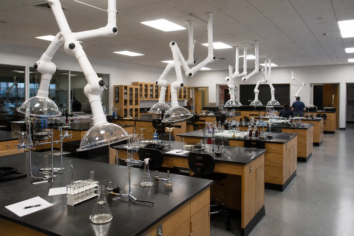 Ceiling-mounted snorkel extraction arms over student benches in a school chemistry lab