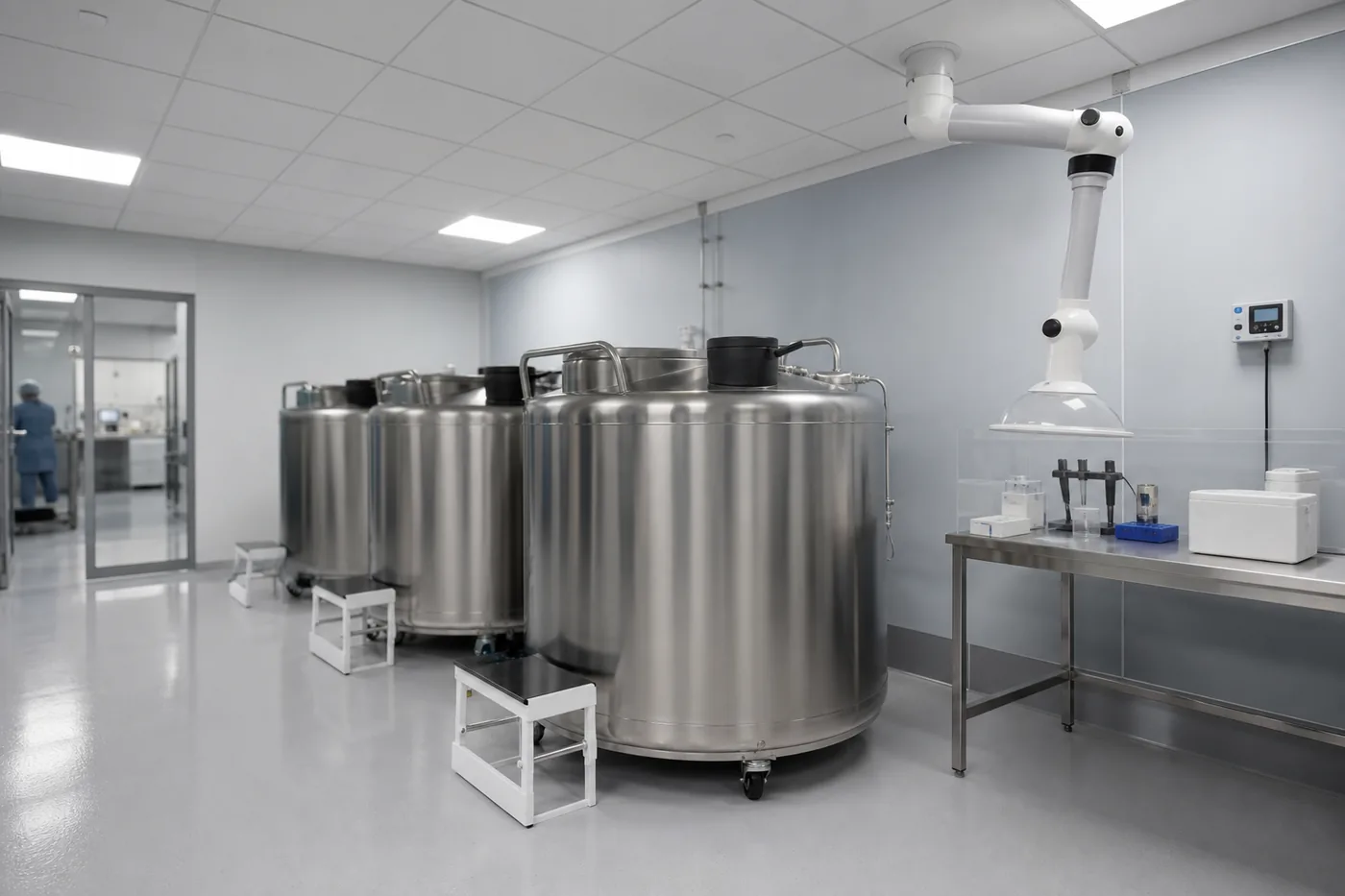 Ceiling-mounted extraction arm above cryogenic storage dewars in a fertility clinic cryostorage room