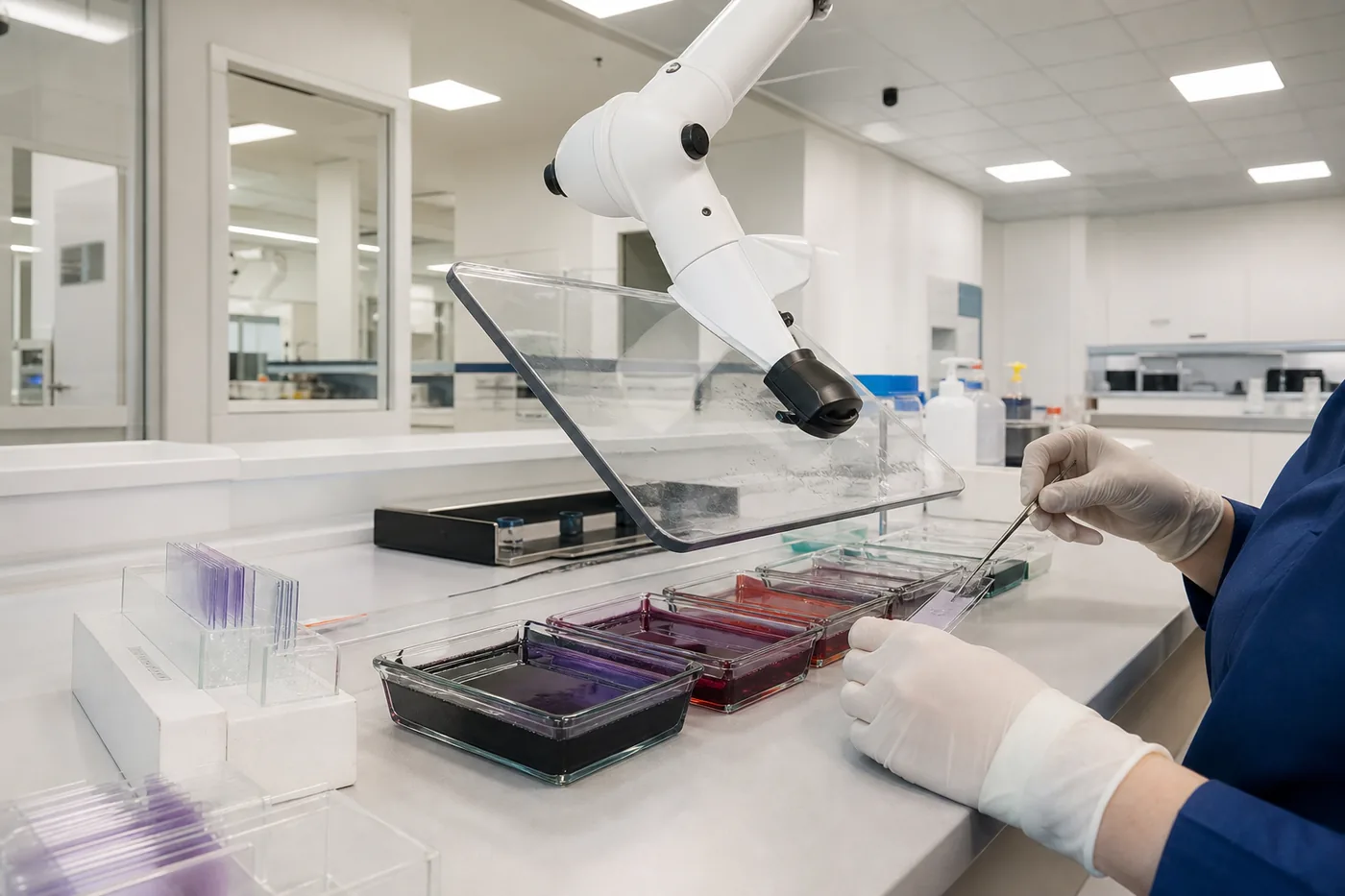 Extraction arm capturing solvent fumes over a histology staining bench beside an embryology laboratory