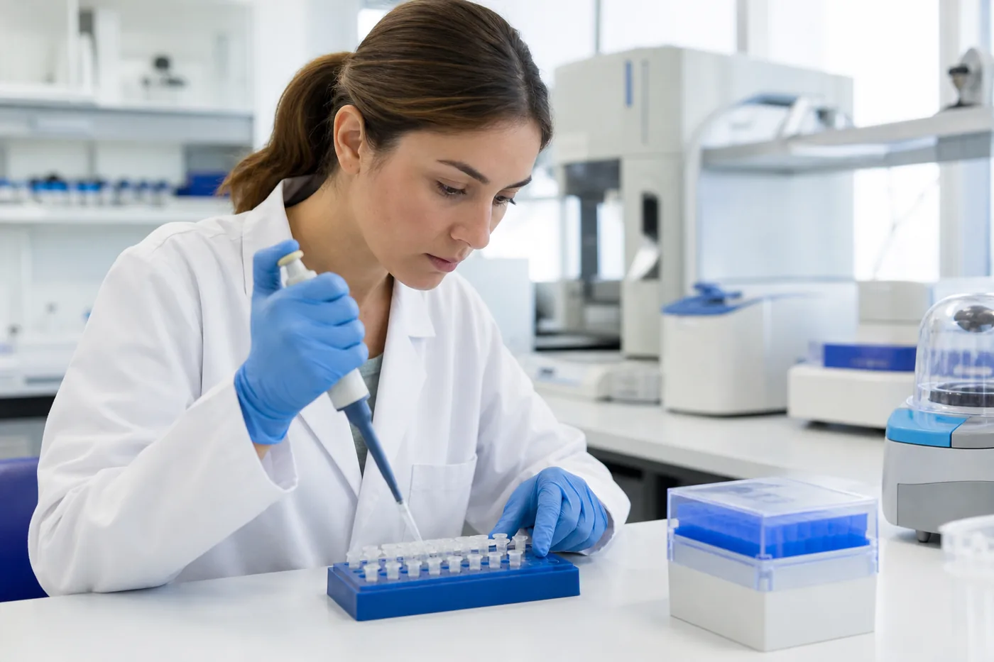 Laboratory technician pipetting samples into microtubes at a modern lab bench