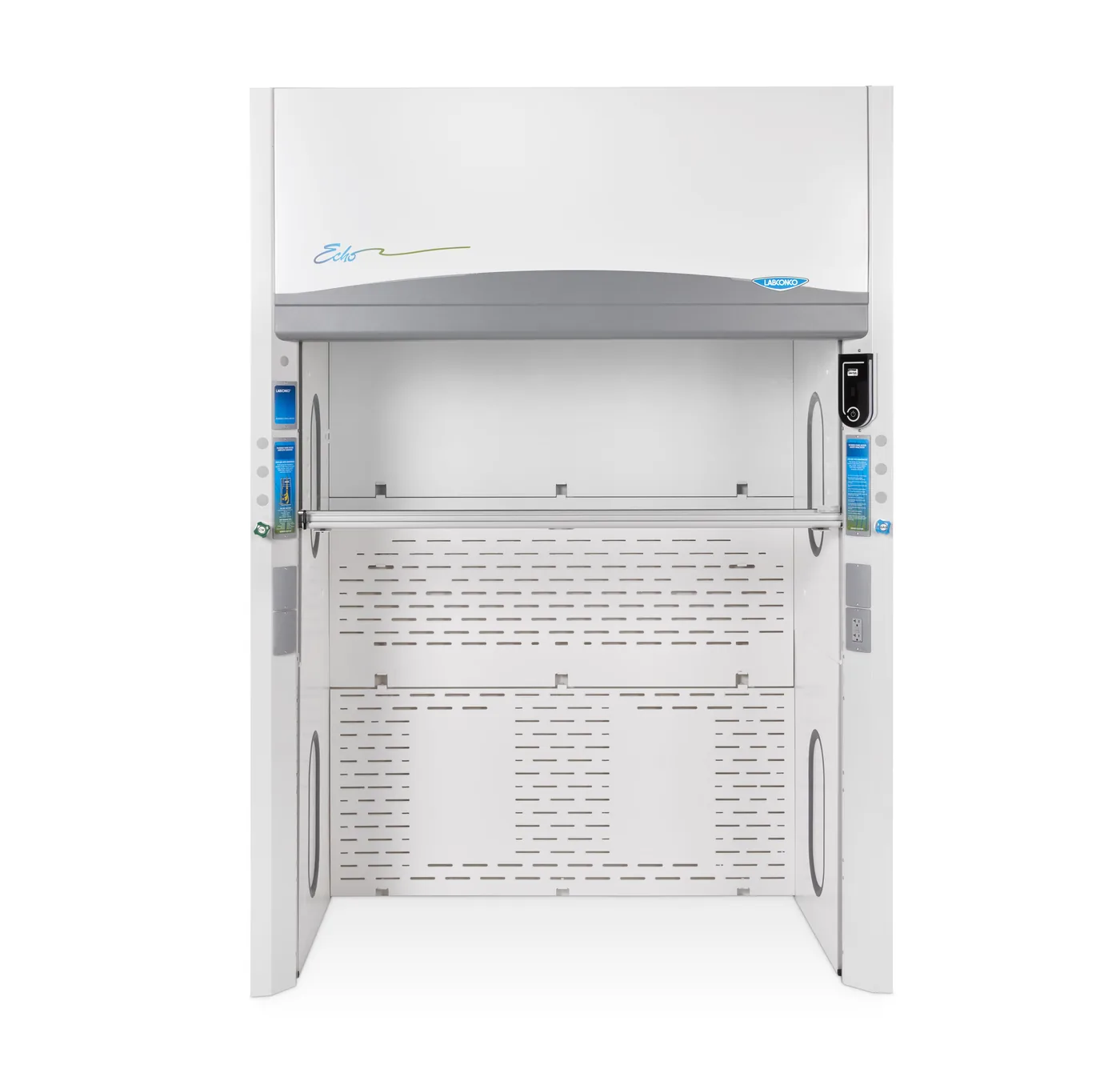 Labconco Protector Echo floor-mounted filtered ductless fume hood shown from the front with the sash open