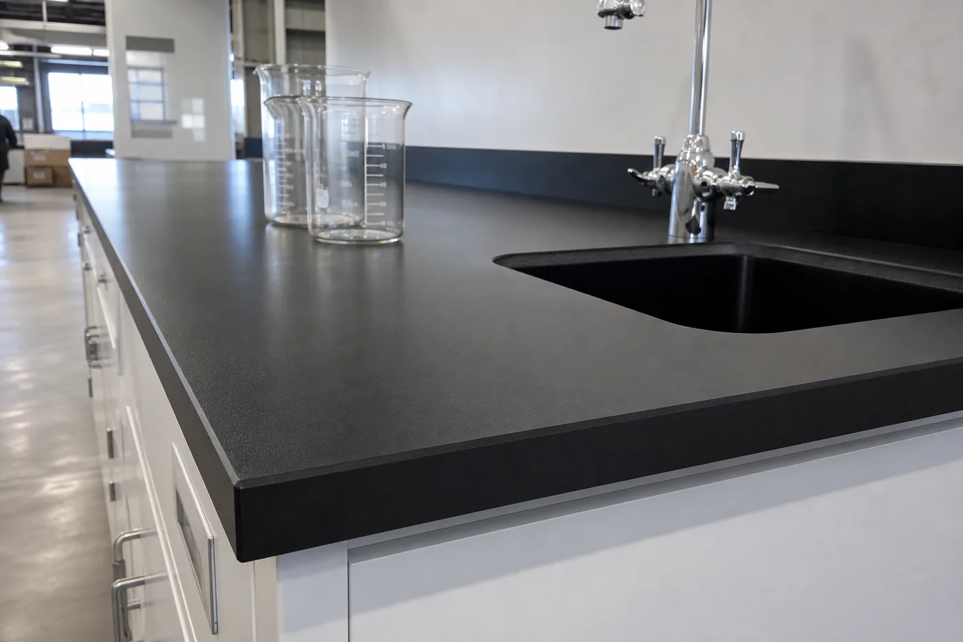 Close view of a black laboratory work surface with integrated sink and backsplash